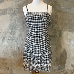 Black & White Gingham Embroidered Mini Dress | Spaghetti Strap | 90s Vintage XS